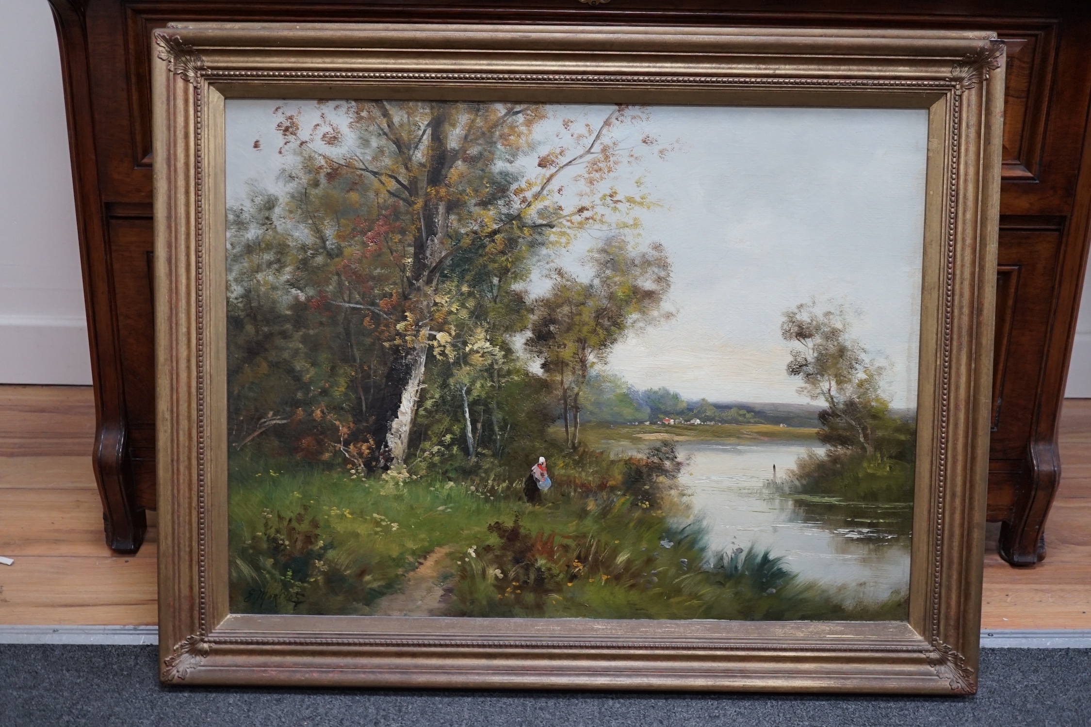 Edma Morisot Pontillon (French, 1839-1921), Riverscape and Landscape, oil on canvas, a pair, 48 x 64cm